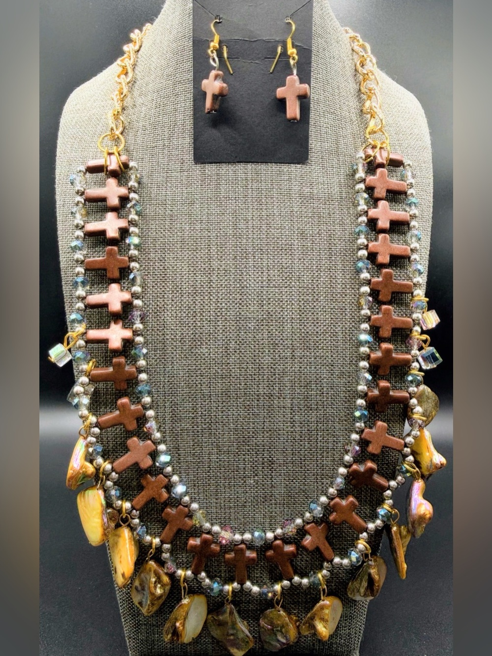 169. Gold-Tone Brown Cross Bead Statement Necklace & Earring Set